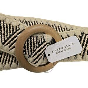 NWT Altard State Womens Whipstitch Raffia Stretch Belt Size S/M Black Ivory Wood